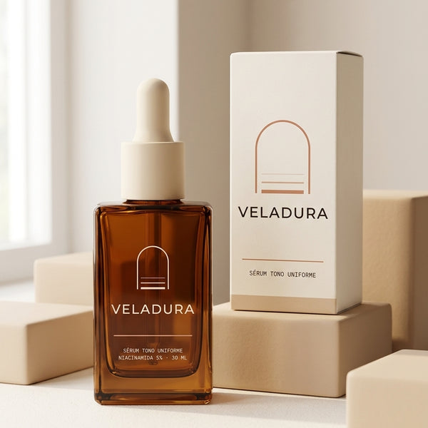 Sérum Tono Uniforme de VELADURA, frasco de vidrio ámbar con gotero junto a su caja marfil