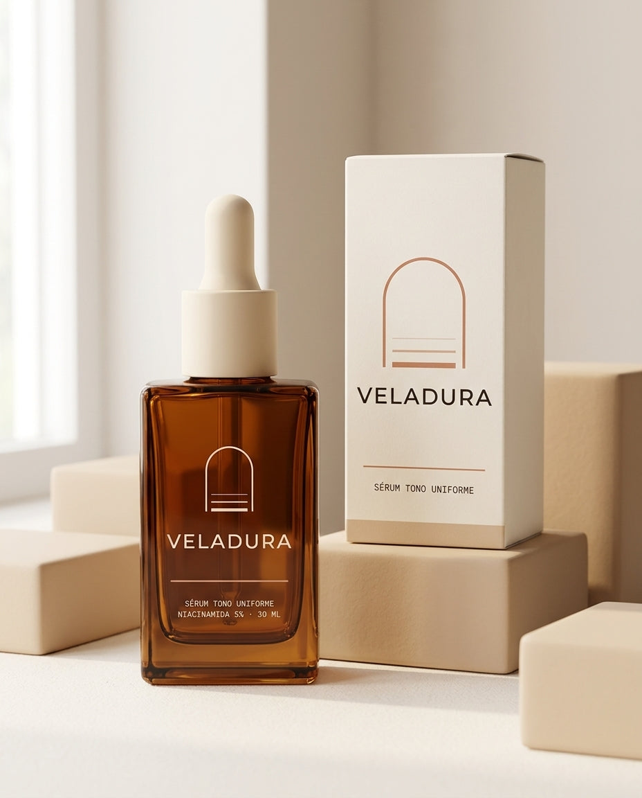 Sérum Tono Uniforme de VELADURA, frasco de vidrio ámbar con gotero junto a su caja marfil